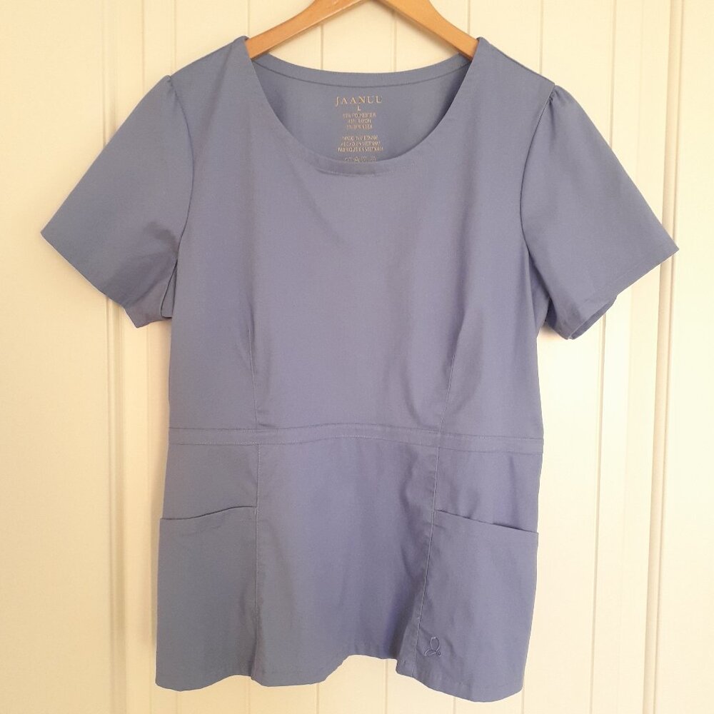Jaanuu Peplum Round Neck Scrub Top with Size Zipper in Ceil Blue Size L